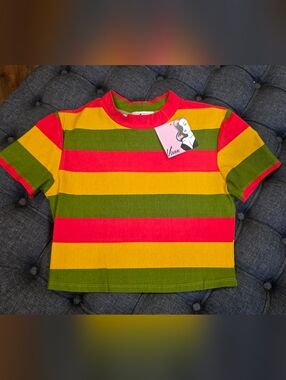 Vixen Bad Girl Green Orange Yellow Striped Cropped Top